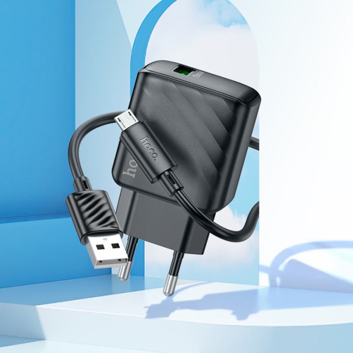 Мережевий зарядний пристрій з кабелем HOCO CS21A Rich single port QC3.0 charger set(Micro)(EU) Black (6942007609890)