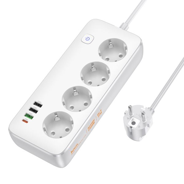 Мережевий подовжувач HOCO AC22 Sunlight 4-bit (PD30W/1C3A) desktop socket (EU/GER) White (6942007629799)