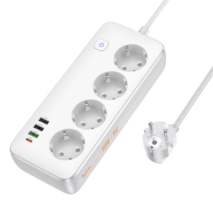 Мережевий подовжувач HOCO AC22 Sunlight 4-bit (PD30W/1C3A) desktop socket (EU/GER) White (6942007629799)