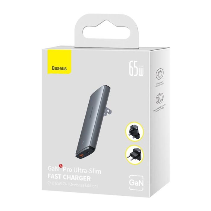 Мережевий зарядний пристрій з  кабелем Baseus GaN5 Pro Ultra-Slim Fast Charger C+U 65W Gray((With Mini White Cable C to C 100W(20V/5A) 1m Black) (CCGP150113)