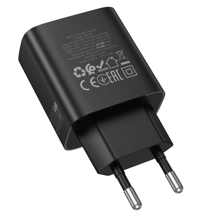 Мережевий зарядний пристрій BOROFONE BA97A Ilustre single-port PD30W charger with digital display (EU) Black (6941991120480)