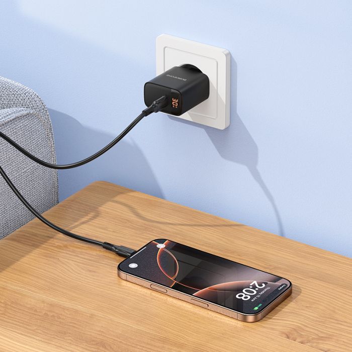 Мережевий зарядний пристрій BOROFONE BA97A Ilustre single-port PD30W charger with digital display (EU) Black (6941991120480)