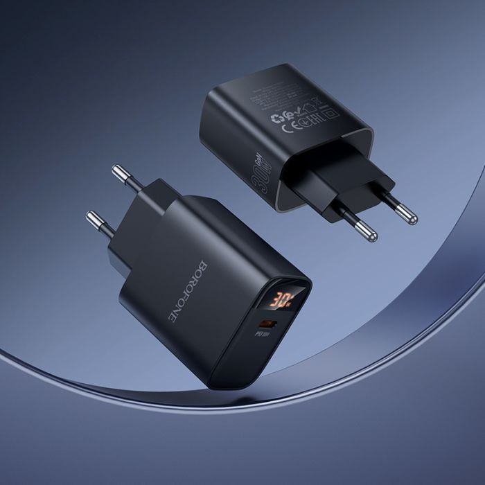 Мережевий зарядний пристрій BOROFONE BA97A Ilustre single-port PD30W charger with digital display (EU) Black (6941991120480)