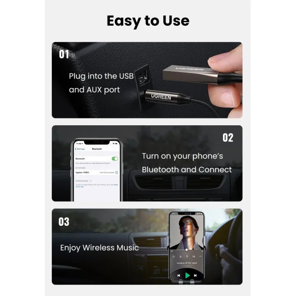 Bluetooth-ресивер UGREEN CM309 Bluetooth Car Receiver Aux with Mic Space Gray (UGR-70601)