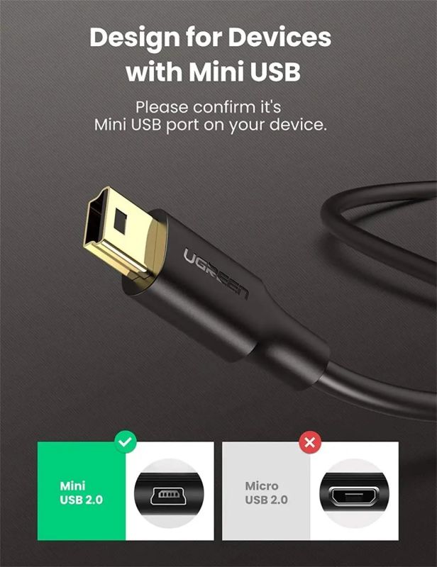 Кабель UGREEN USB 2.0 A Male to Mini 5 Pin Male Cable 2m (Black) (UGR-30472)