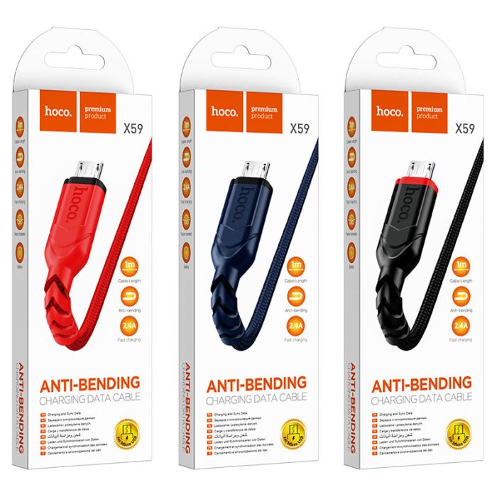 Кабель HOCO X59 USB to Micro 2.4A, 1m, nylon, TPE connectors, Blue (6931474744913)