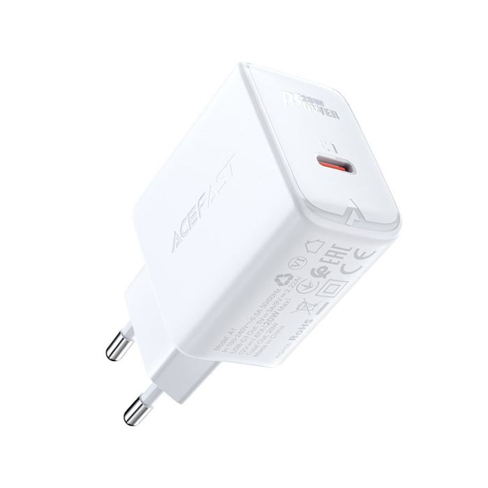 Мережевий зарядний пристрій ACEFAST A1 PD20W single USB-C charger White (6974316280040)