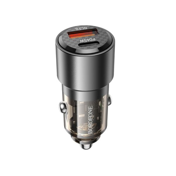 Автомобільний зарядний пристрій BOROFONE BZ20A Smart 83W dual port PD65W+QC3.0 car charger Transparent Black (6941991101625)