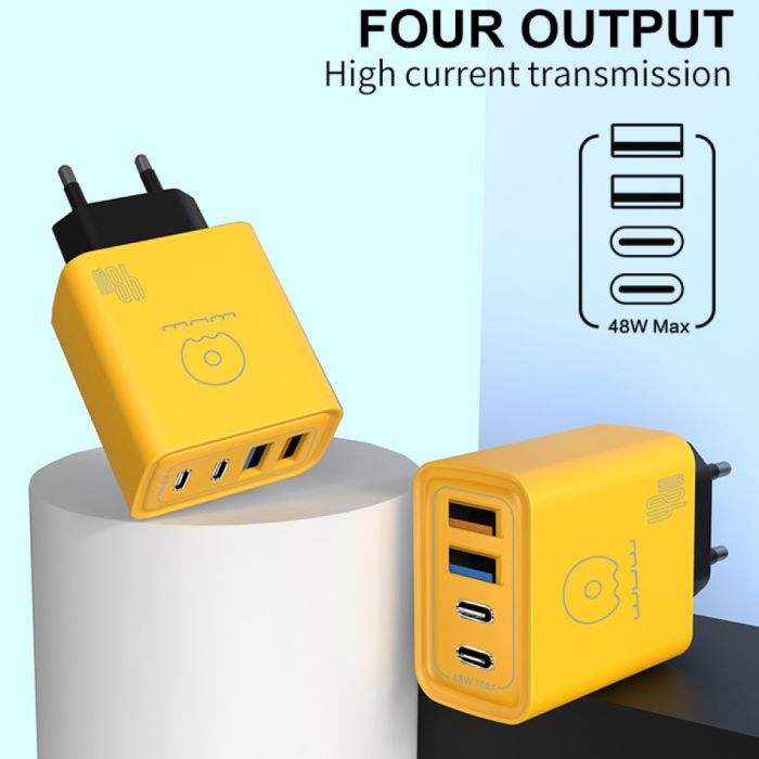 Мережевий зарядний пристрій WUW-C212 48W Charger 2 USB C +  2 USB C yellow (C212)