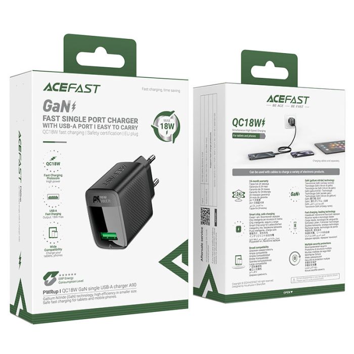 Мережевий зарядний пристрій ACEFAST A90 QC18W GaN single USB-A charger (EU) Black (6974316283249)