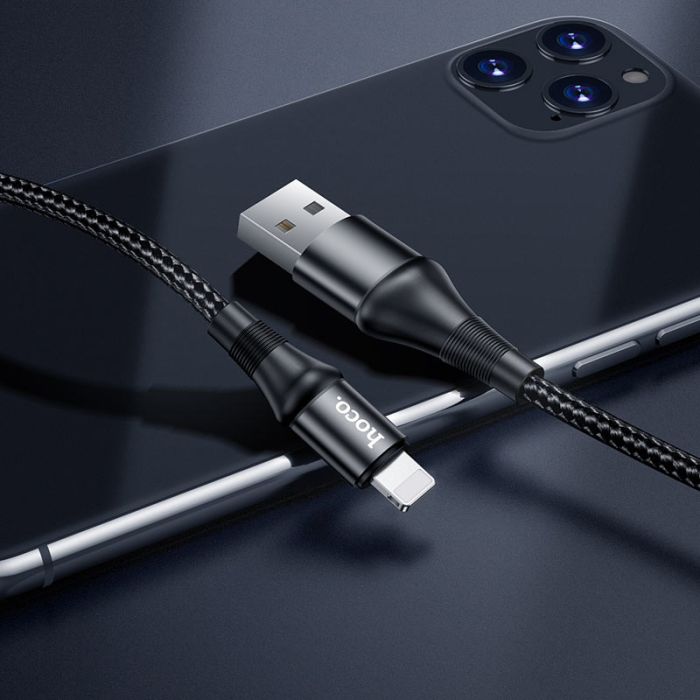 Кабель HOCO X50 USB to iP 2.4A, 1m, nylon, aluminum connectors, Black (6931474734198)