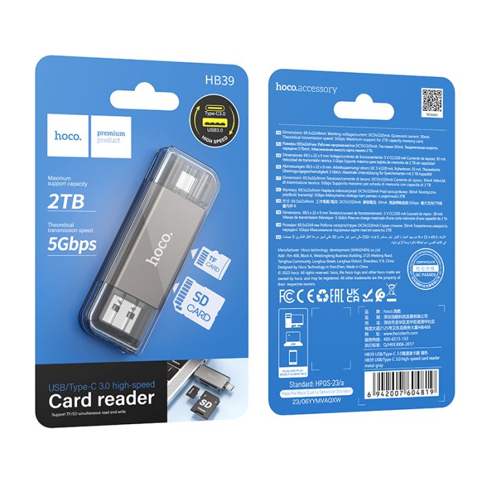 USB-хаб HOCO HB39 USB/Type-C 3.0 high-speed card reader Metal Gray (6942007604819)