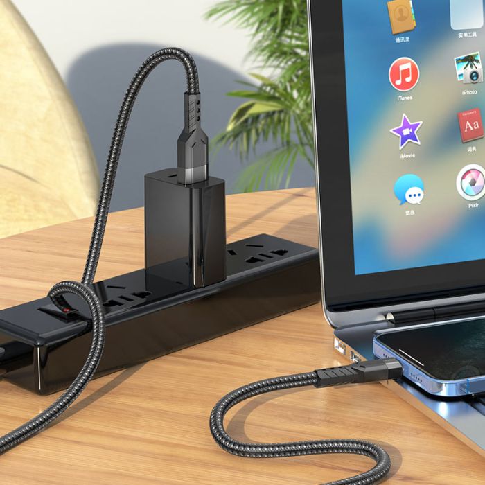 Кабель HOCO U110 USB to iP 2.4A, 1.2m, nylon, aluminum connectors, Black (6931474770561)