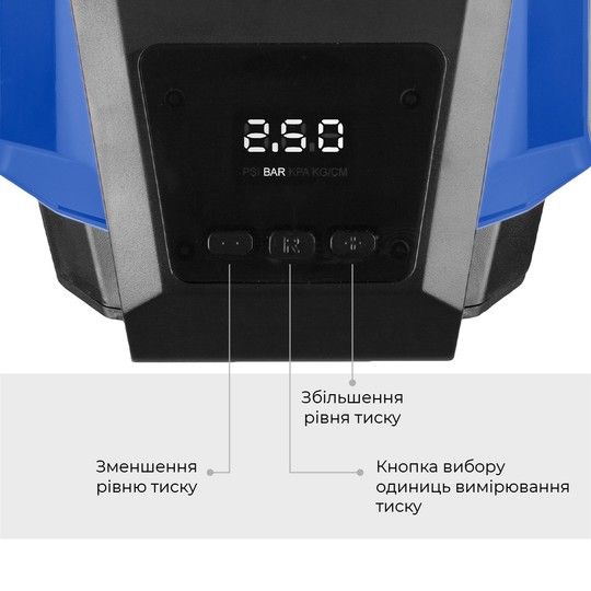 Автокомпресор GEMIX Model G black/blue поршневий з сумкою, цифровий манометр, функція AUTOSTOP, ліхтарик, 35 л/хв