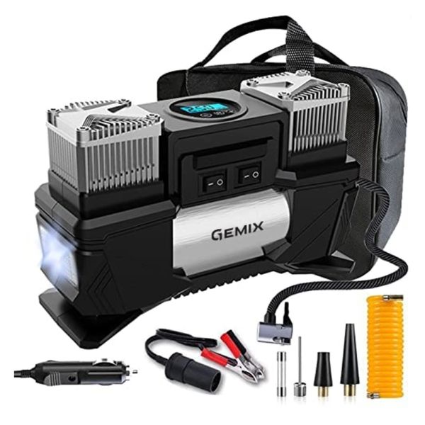 Автокомпресор GEMIX Model I двопоршневий з сумкою, цифровий манометр, функція AUTOSTOP, ліхтарик, 60 л/хв