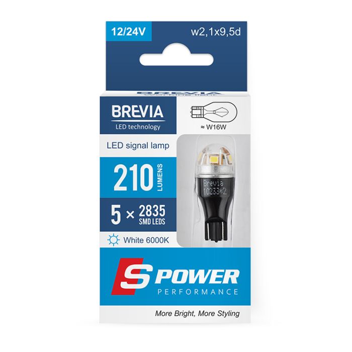 Brevia S-Power W16W 210Lm 5x2835SMD 12/24V CANbus, 2шт (10233X2)