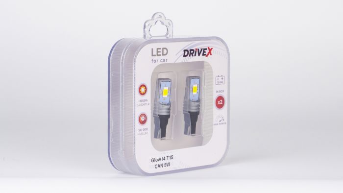 Світлодіоди в габаритні вогні. Підсвітку номера та салона DriveX Glow I4 T15 12-24V CAN 5W 1000Lm W16W base-10mm к-т.