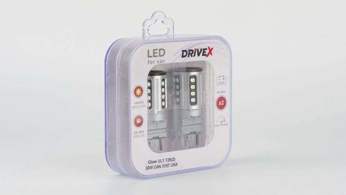 Світлодіоди в габаритні вогні. Підсвітку номера та салона DriveX Glow UL1 T25(2) 9-48V 30W CAN 2600Lm 3157/P27/7W base-16mm USA к-т.