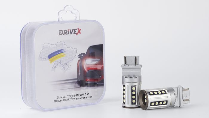 Світлодіоди в габаритні вогні. Підсвітку номера та салона DriveX Glow UL1 T25(2) 9-48V 30W CAN 2600Lm 3157/P27/7W base-16mm USA к-т.