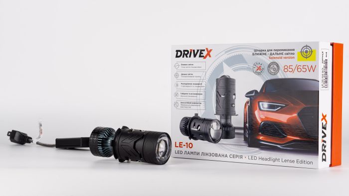 LED лампи автомобільні з лінзою DriveX LE-10 H4 H/L 6000K 85W/65W 9-36V