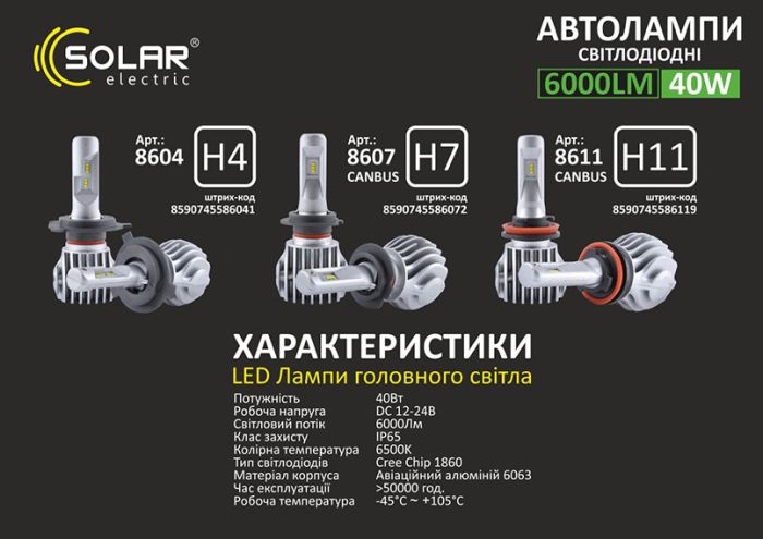 Светодиодные лампы НB4 для авто SOLAR Led автолампы 6500K 6000Lm (8604)