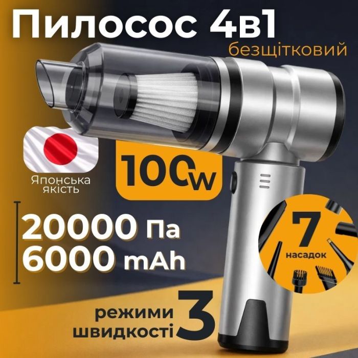 Пылесос автомобильный аккумуляторный 100Вт Gearo 4в1 20000PA 6000мАч 7 насадок серый (GE0121)
