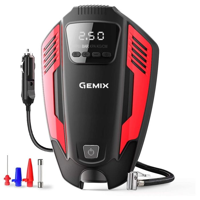 Автокомпресор GEMIX Model E black/red поршневий, цифровий манометр, функція AUTOSTOP, ліхтарик, 35 л/хв