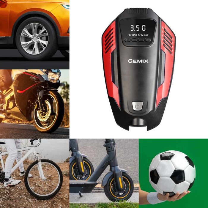 Автокомпресор GEMIX Model E black/red поршневий, цифровий манометр, функція AUTOSTOP, ліхтарик, 35 л/хв
