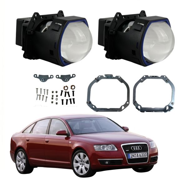 Комплект Bi-LED линз Audi A6 C6 / A6L (AFS / High Configuration) 2005-2011 EA Light X 3" X12 70W с переходными рамками (2 шт.)